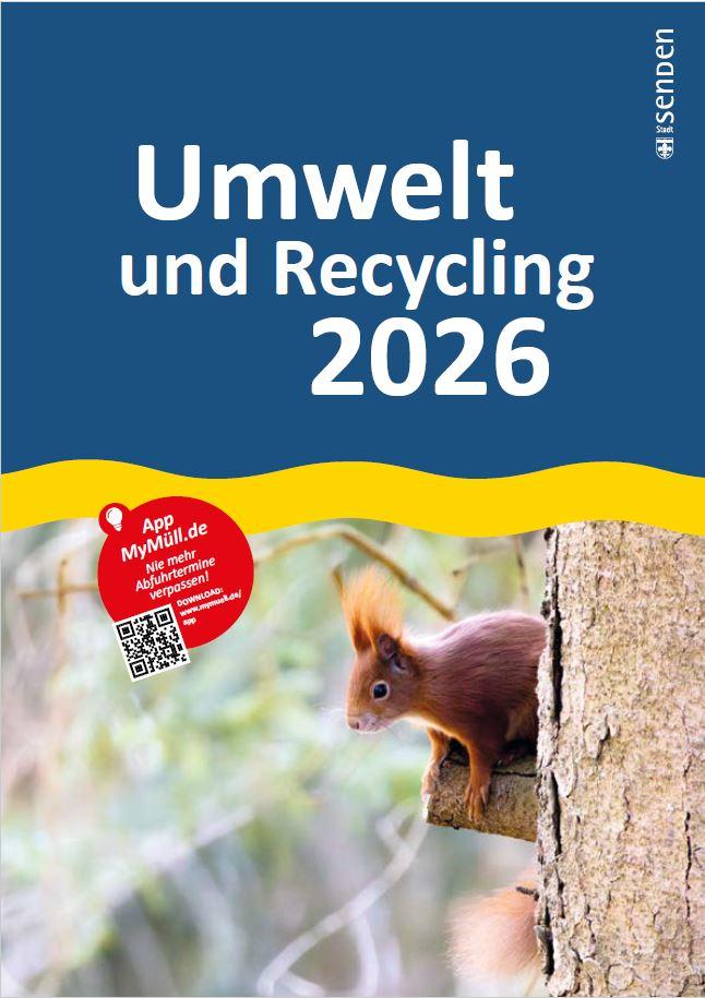 Titelblatt der Umweltbroschüre Umwelt und Recycling 2026. Es ist ein Eichhörnchen am Baum zu sehen.