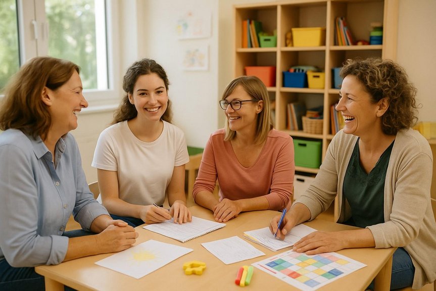 Teambesprechung in der Kita Erzieherinnen sitzen am Tisch