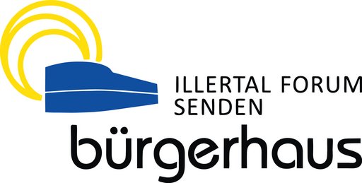 Logo vom Illertal-Forum in Senden. Der Schriftzug ist modern, wie der Umriss vom Bürgerhaus mit drei gelben Bögen die Über dem Haus ragen