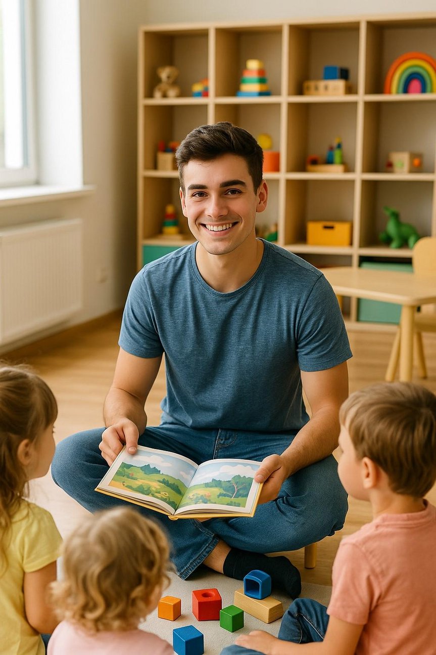 Ein junger Mann sitzt im Schneidersitz auf dem Boden und liest kleinen Kindern aus einem Buch vor.