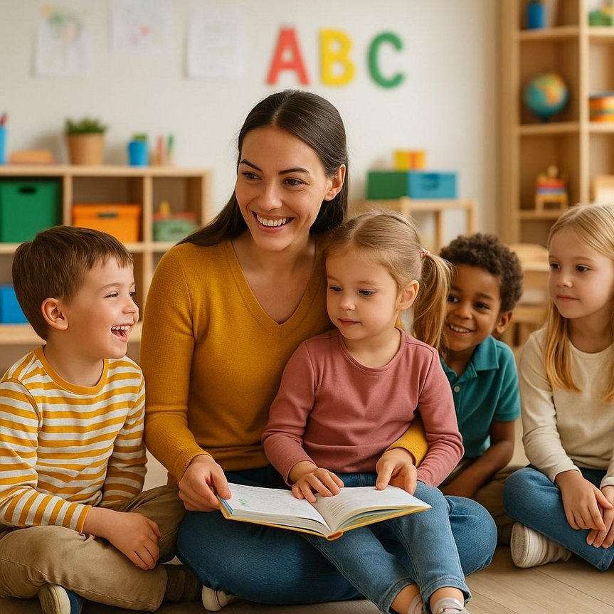 Erzieherin liest im Buch, drumherum sitzen Kinder und hören zu