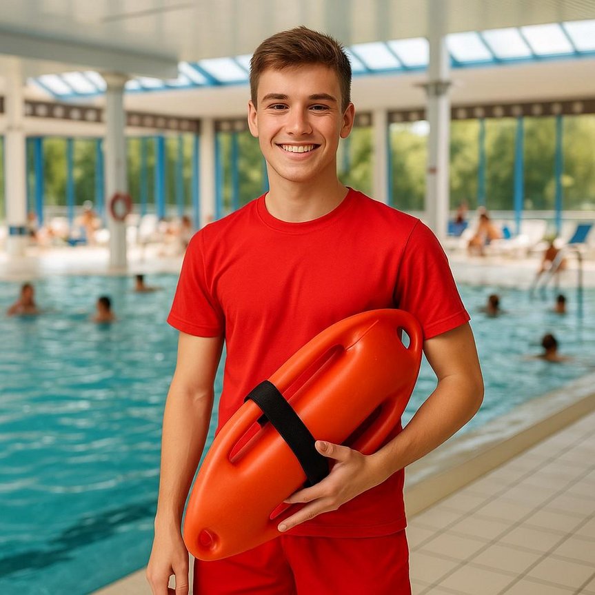 Junger Auszubildender zur Fachkraft für Bädertechnik im Schwimmbad.