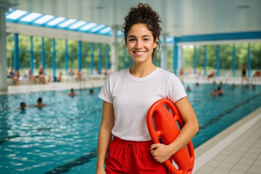 Junge Bademeisterin mit Rettungsboje vor einem Schwimmbecken