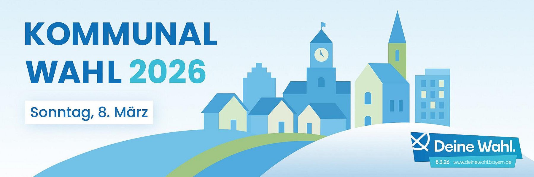 Kommunalwahl 2026, Sonntag, 08. März 2026. Es ist ein Ort in blauen Farben gehalten mit dem Logo zur Wahl